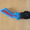 Front compatibility view showing how the launcher grip connects with Beyblade X systems for winder and string launcher use