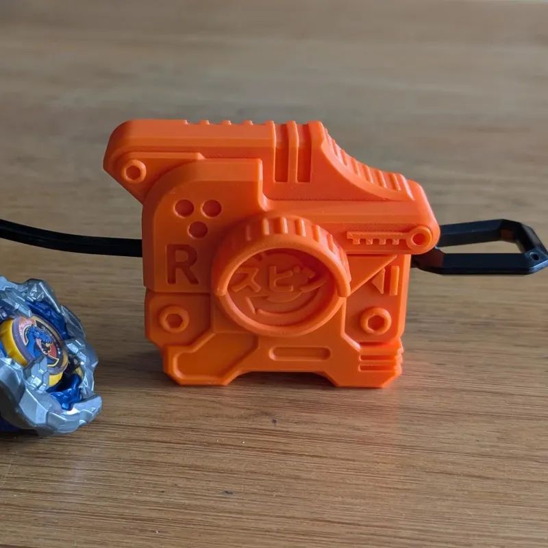 Beyblade X Bakuten Shoot Left Proto launcher skin installed with Bey attached front view