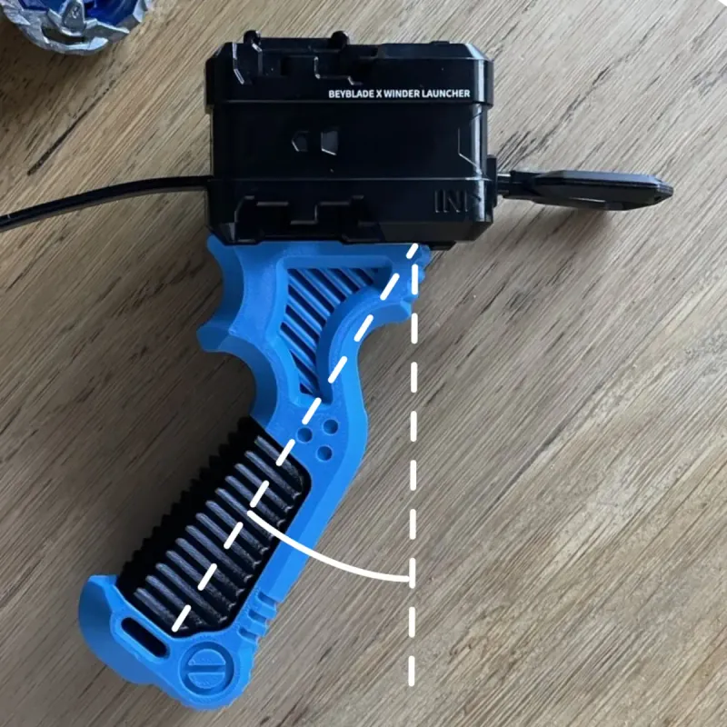 Beyblade X Bakuten grip with an angle overlay to show the ergonomic design it features