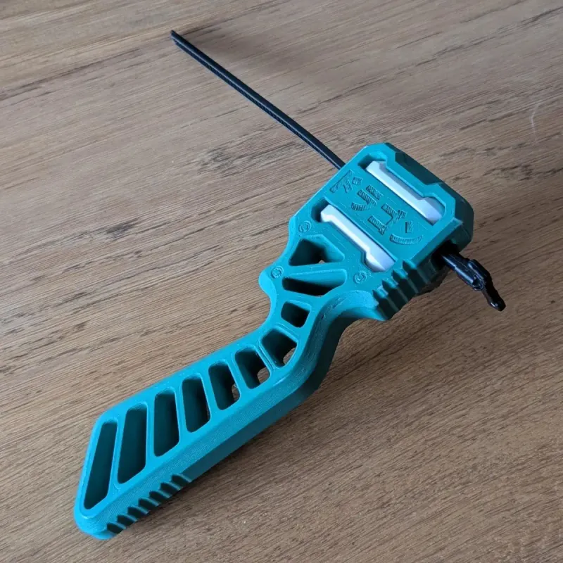 Beyblade X Proto Launcher Grip Skelethal mounted with Beyblade, front angle