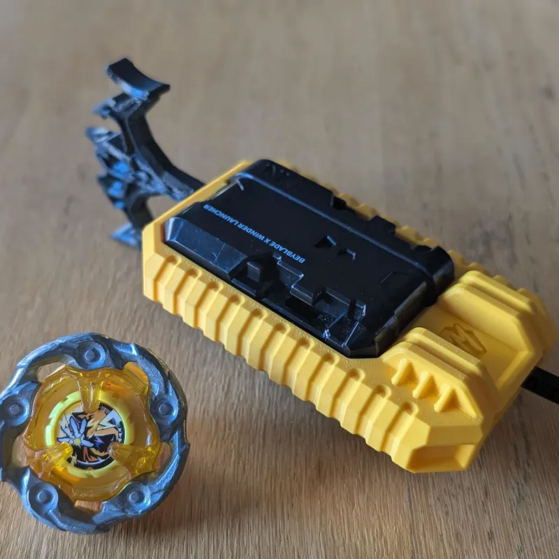 Custom Beyblade X inline rugged grip mounted on Winder Launcher R with futuristic industrial design